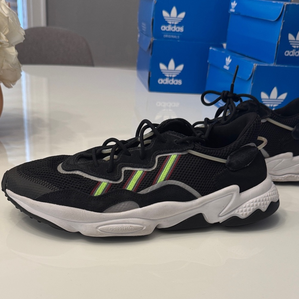 Adidas Men's Black Sneakers with Green and Purple Accents